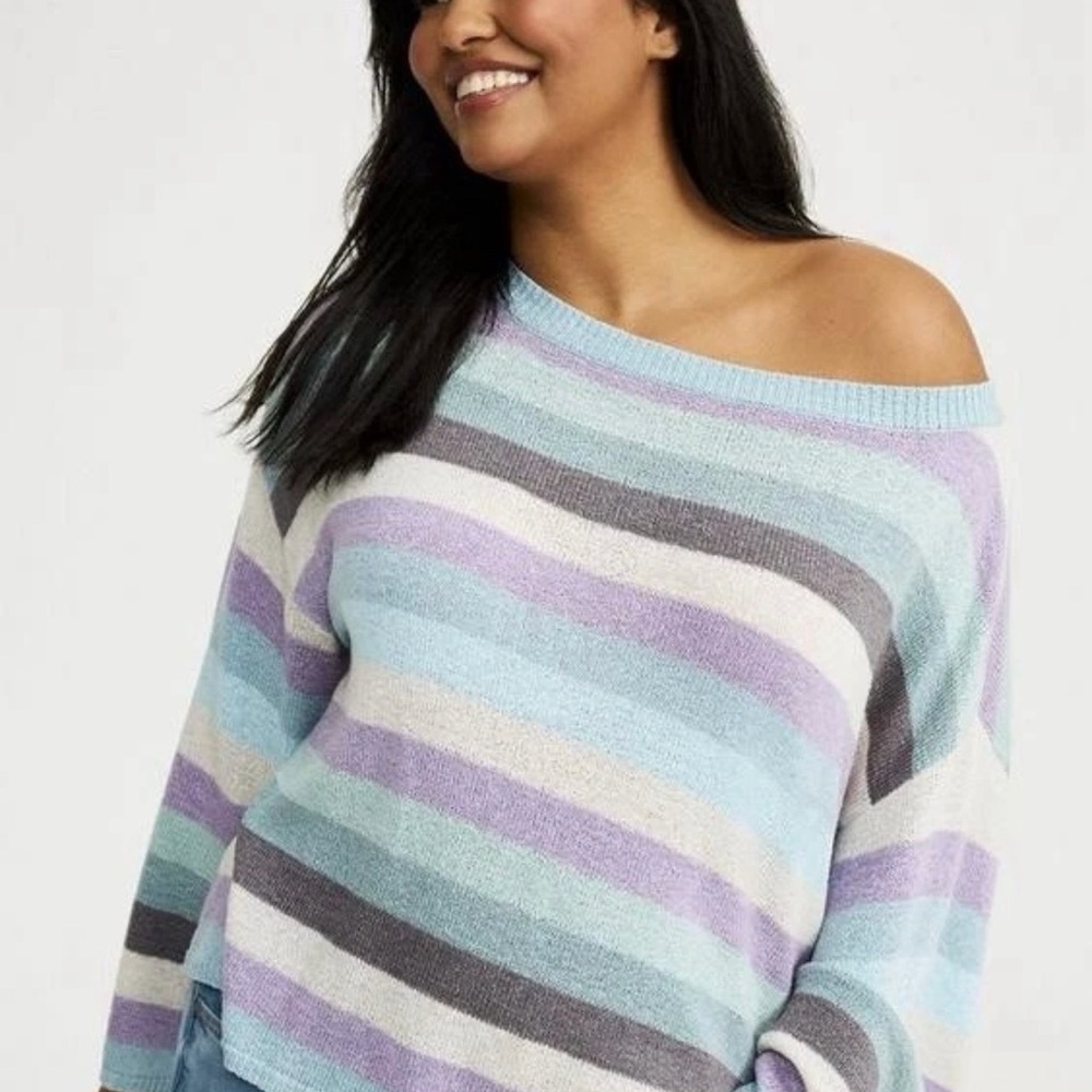 Torrid Size 2 Blue Purple Gray White Striped Sweater Off The Shoulder - Picture 2 of 8